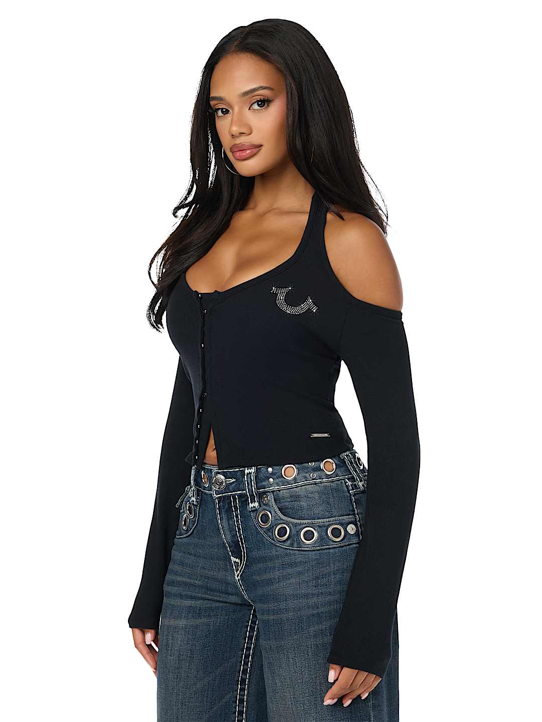 CRYSTAL RIBBED HALTER CUT-OUT TOP