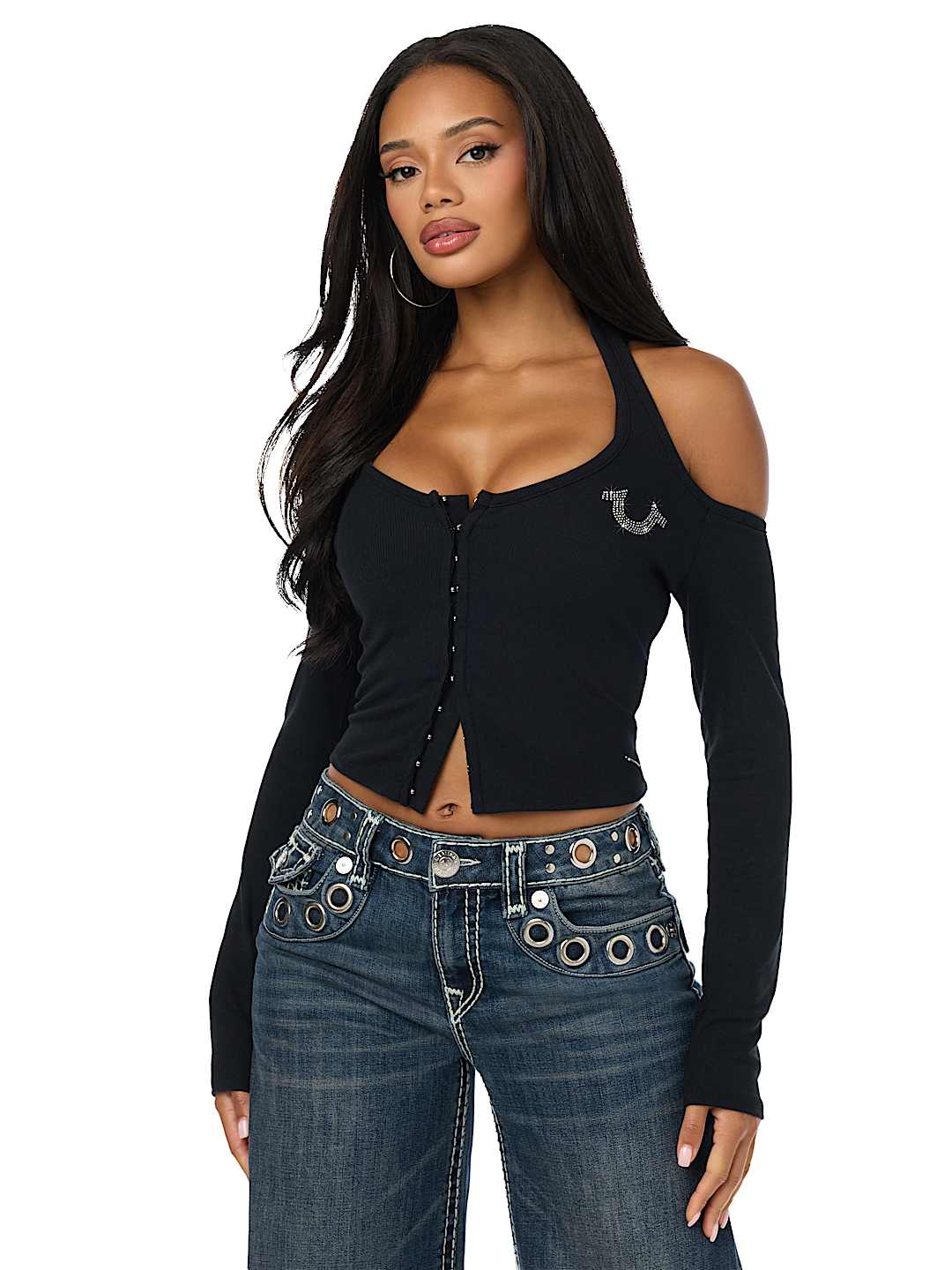 CRYSTAL RIBBED HALTER CUT-OUT TOP