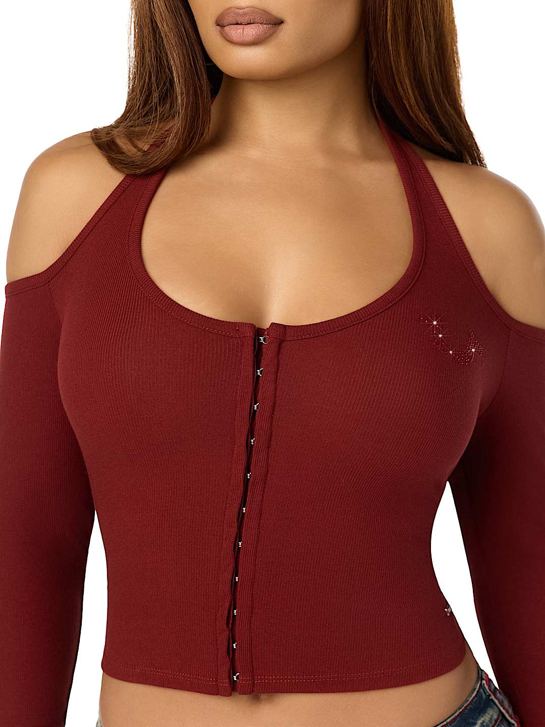 CRYSTAL RIBBED HALTER CUT-OUT TOP