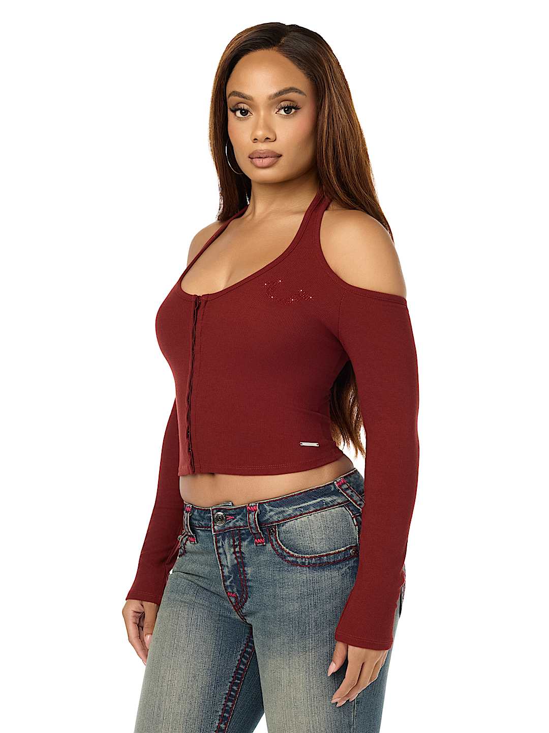 CRYSTAL RIBBED HALTER CUT-OUT TOP