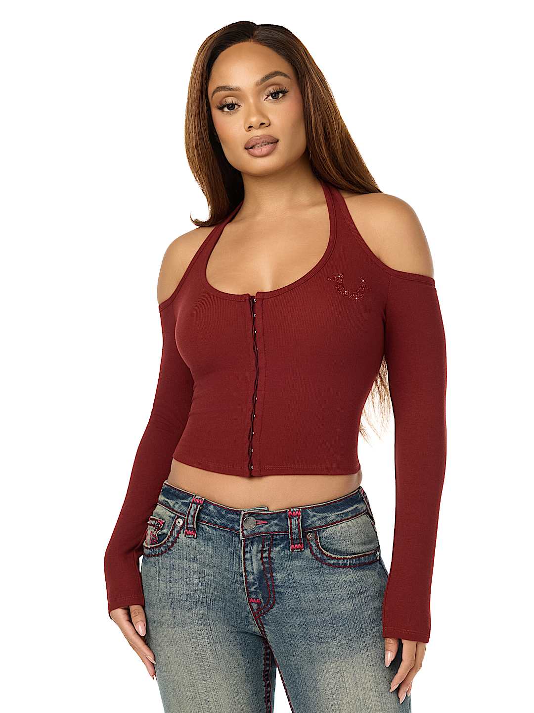 CRYSTAL RIBBED HALTER CUT-OUT TOP