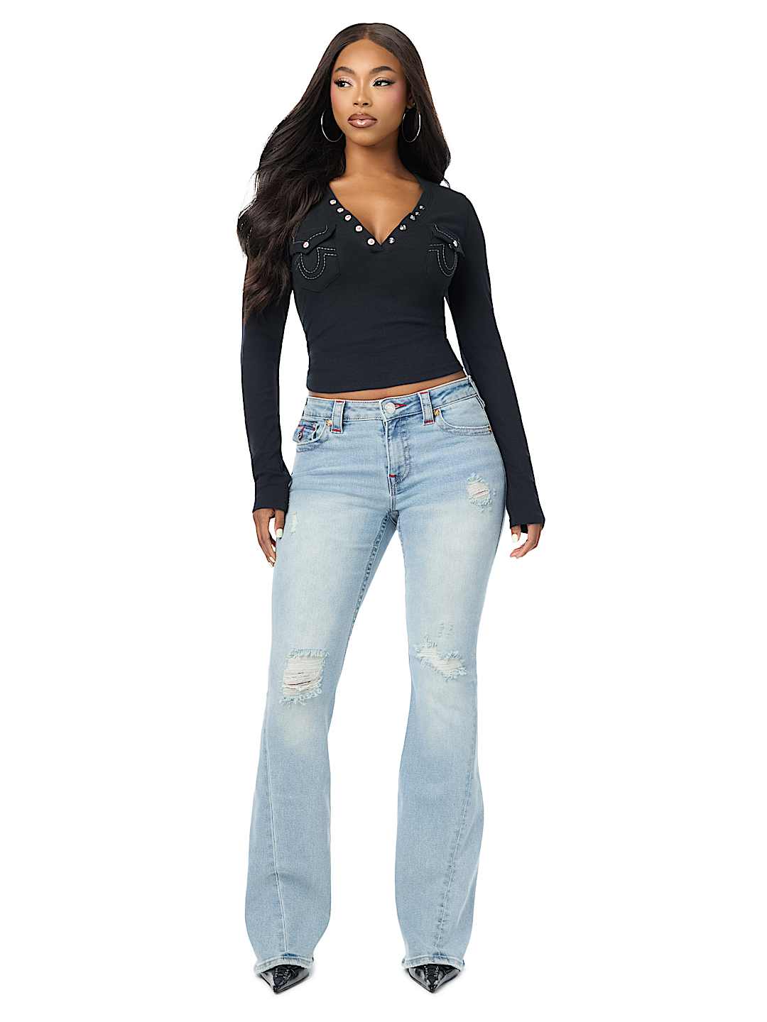 JOEY MID RISE DISTRESSED FLAP FLARE JEAN
