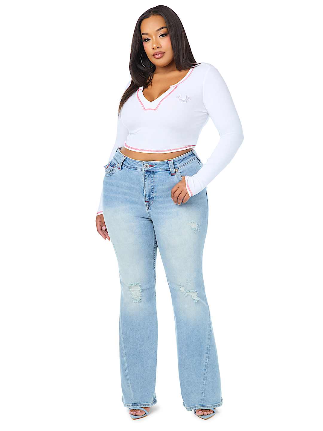PLUS JOEY MID RISE DISTRESSED FLAP FLARE JEAN
