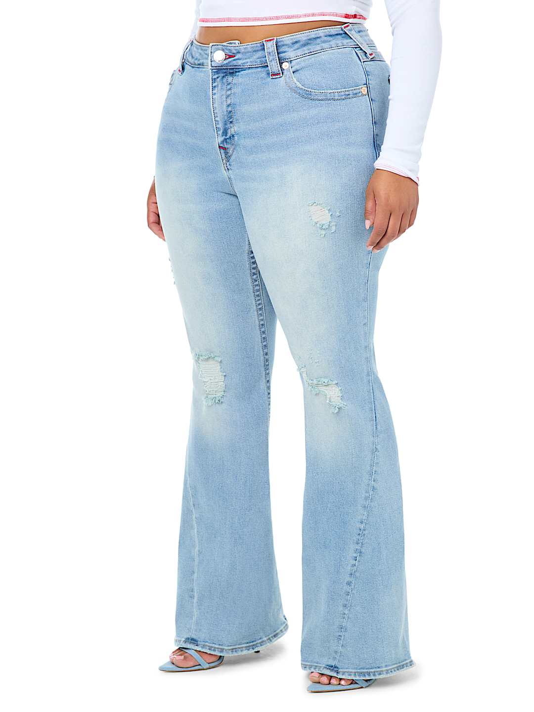 PLUS JOEY MID RISE DISTRESSED FLAP FLARE JEAN
