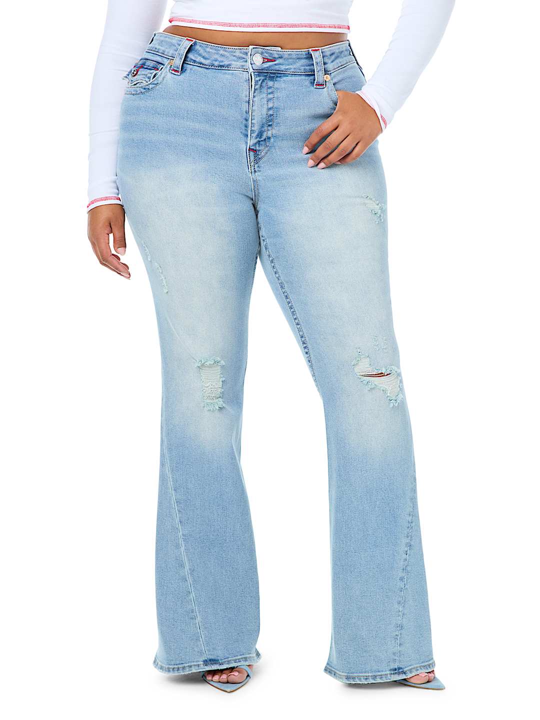PLUS JOEY MID RISE DISTRESSED FLAP FLARE JEAN