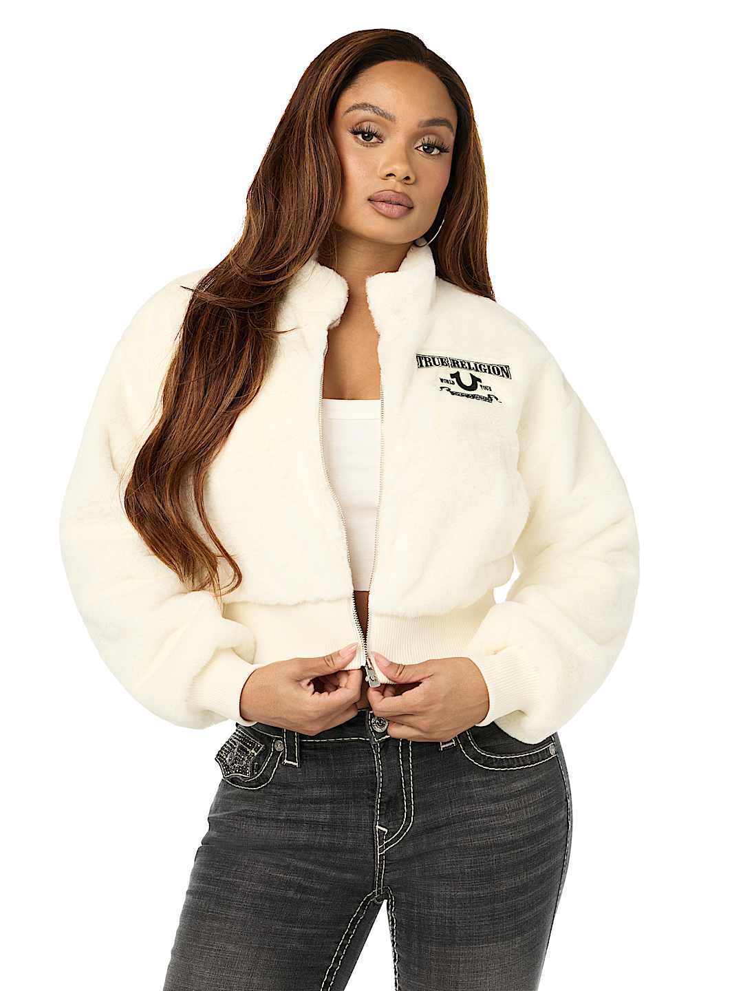 EMBROIDERED FAUX FUR ZIP-UP JACKET