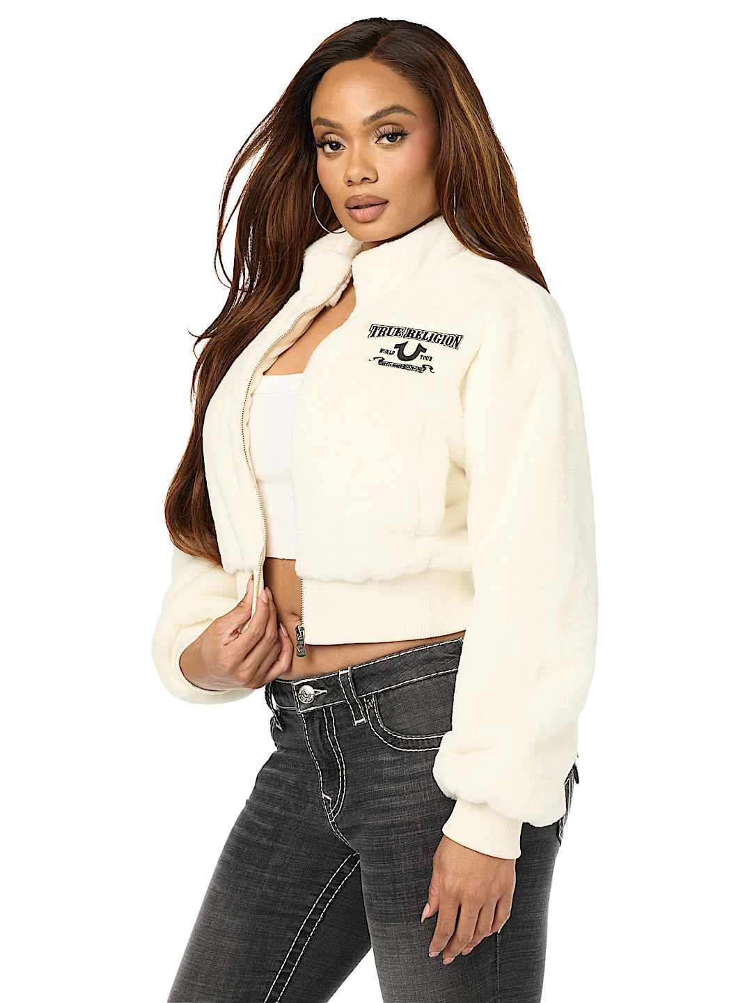 EMBROIDERED FAUX FUR ZIP-UP JACKET