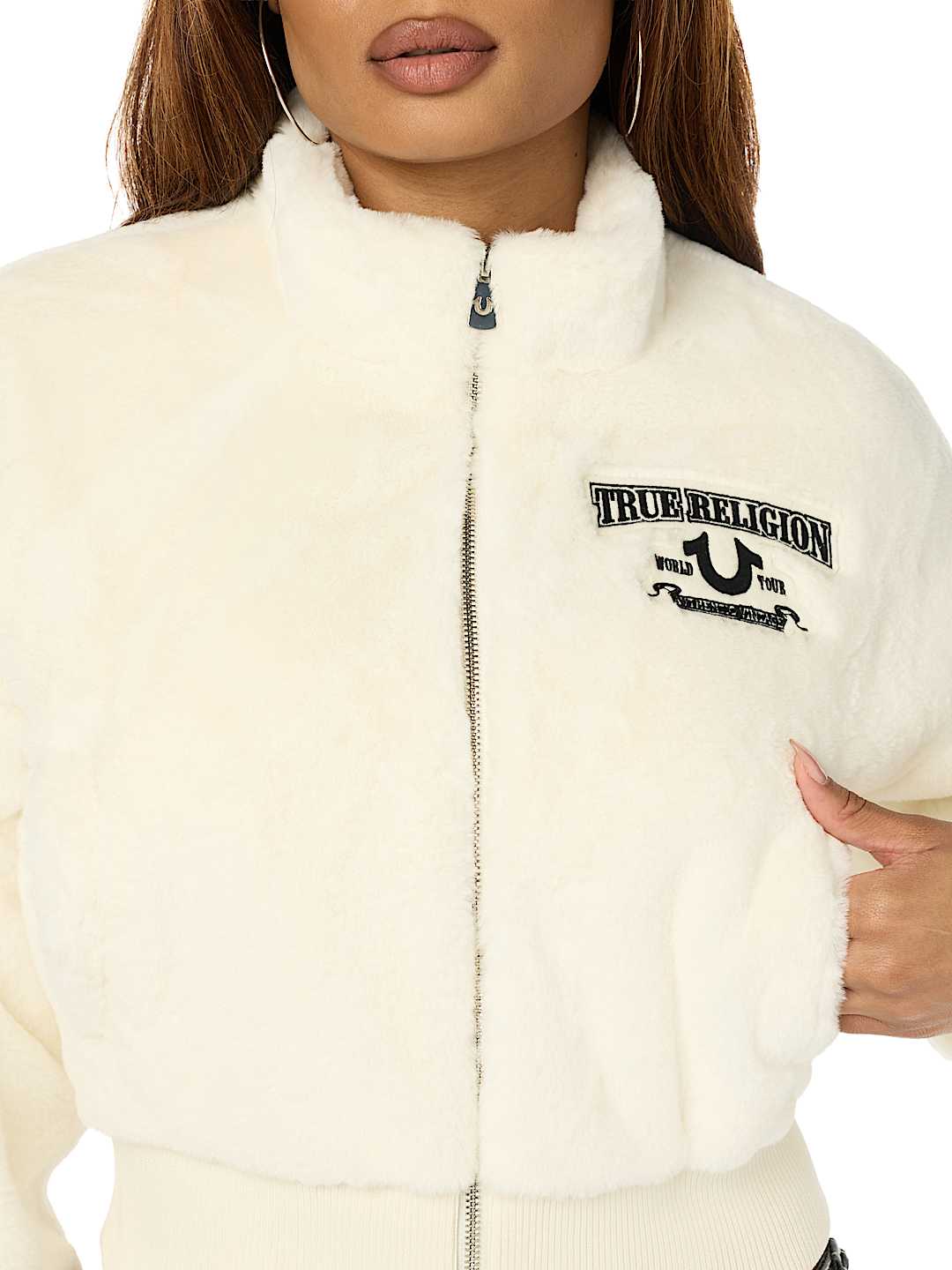 EMBROIDERED FAUX FUR ZIP-UP JACKET