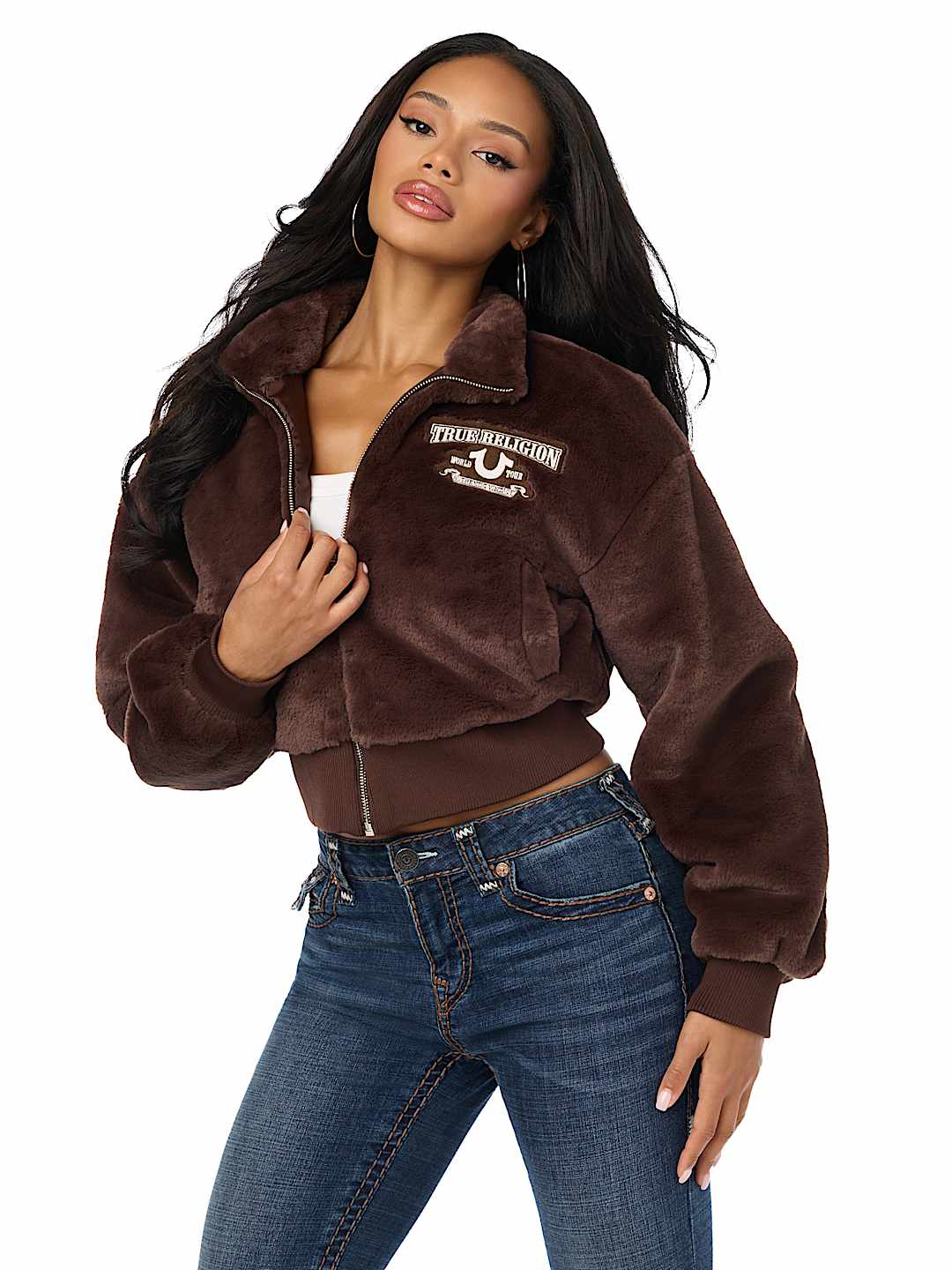 EMBROIDERED FAUX FUR ZIP-UP JACKET