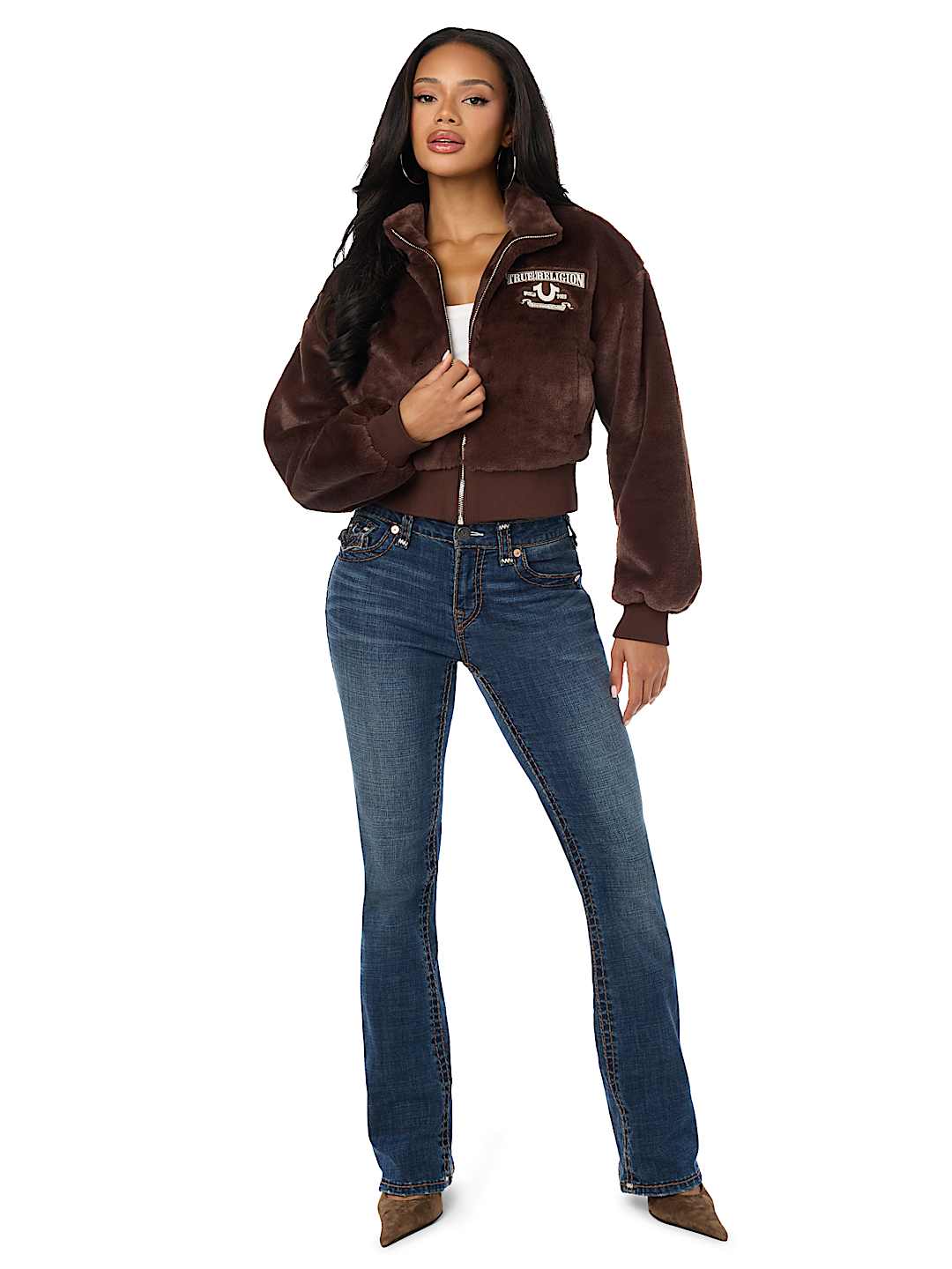 EMBROIDERED FAUX FUR ZIP-UP JACKET