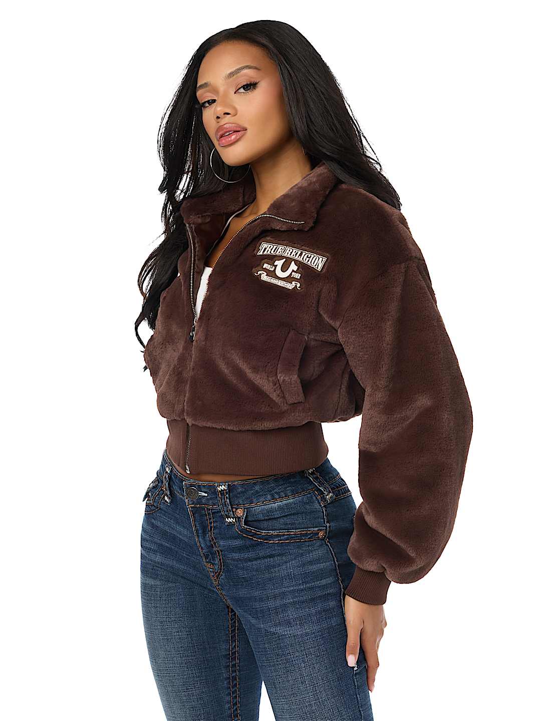EMBROIDERED FAUX FUR ZIP-UP JACKET