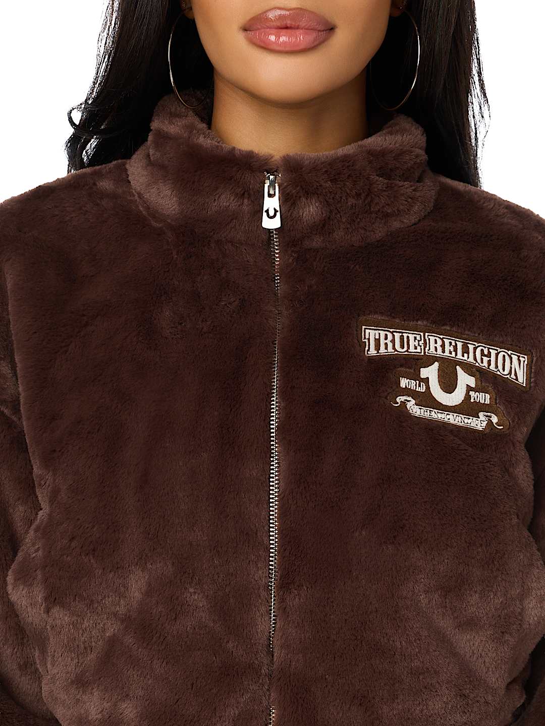 EMBROIDERED FAUX FUR ZIP-UP JACKET