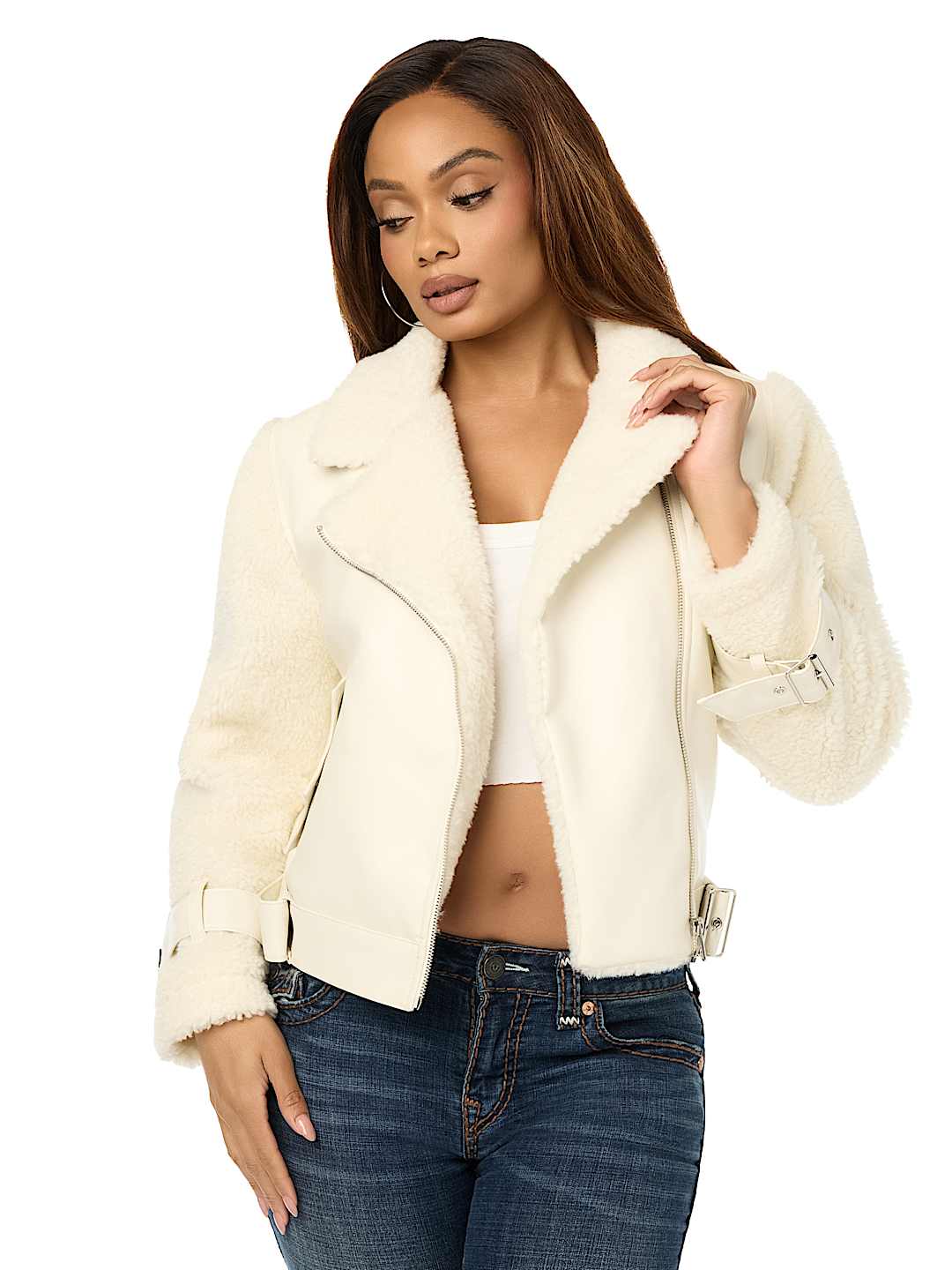 FAUX LEATHER SHERPA AVIATOR JACKET