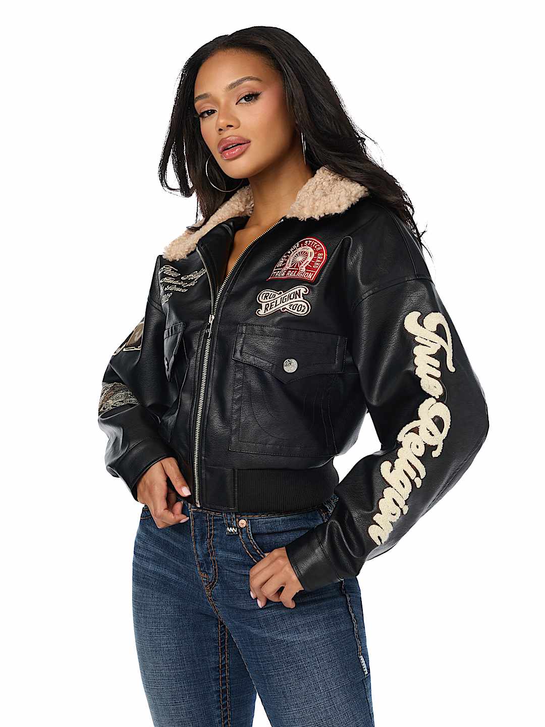 WASHED FAUX LEATHER OVERSIZED AVIATOR SHERPA JACKET