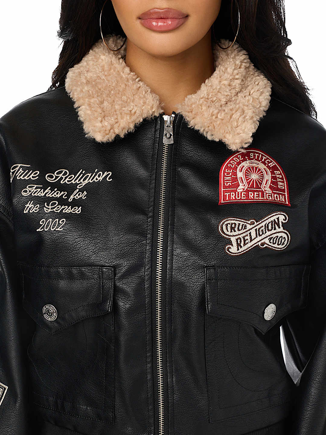WASHED FAUX LEATHER OVERSIZED AVIATOR SHERPA JACKET