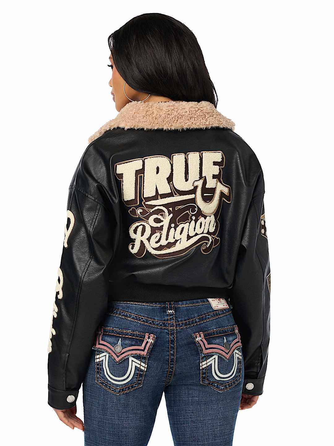 WASHED FAUX LEATHER OVERSIZED AVIATOR SHERPA JACKET