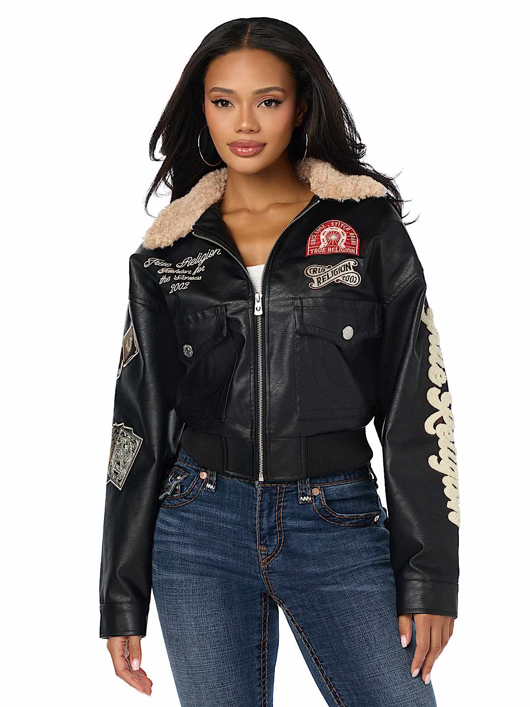WASHED FAUX LEATHER OVERSIZED AVIATOR SHERPA JACKET