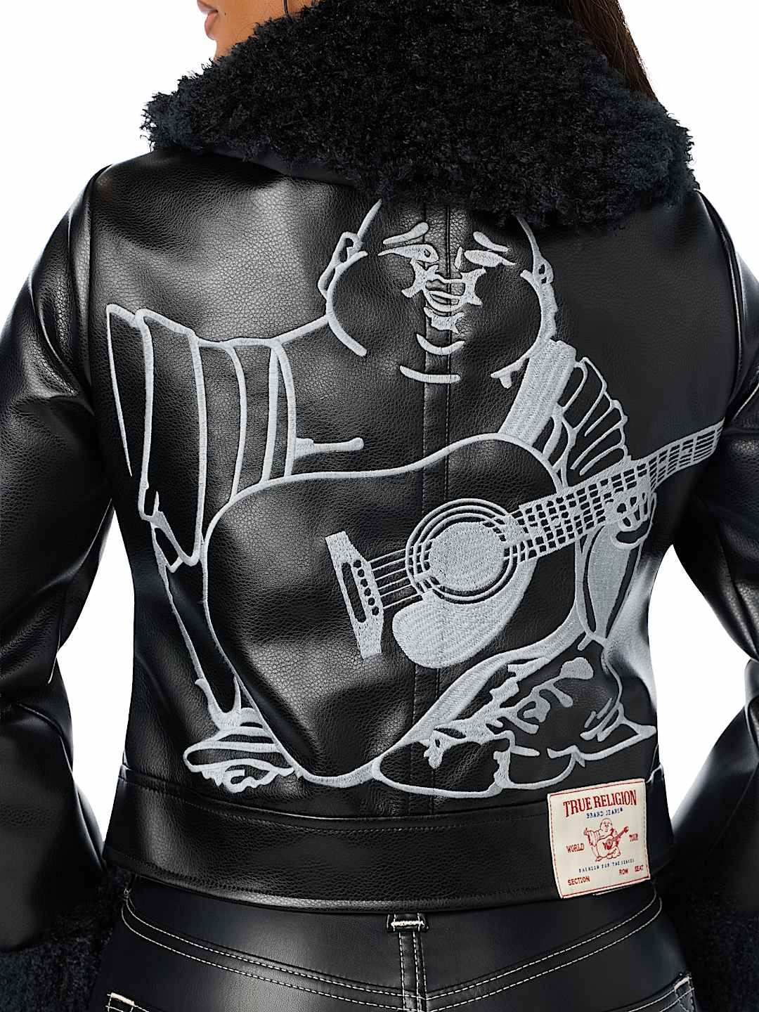 EMBROIDERED FUR COLLAR FAUX LEATHER JACKET