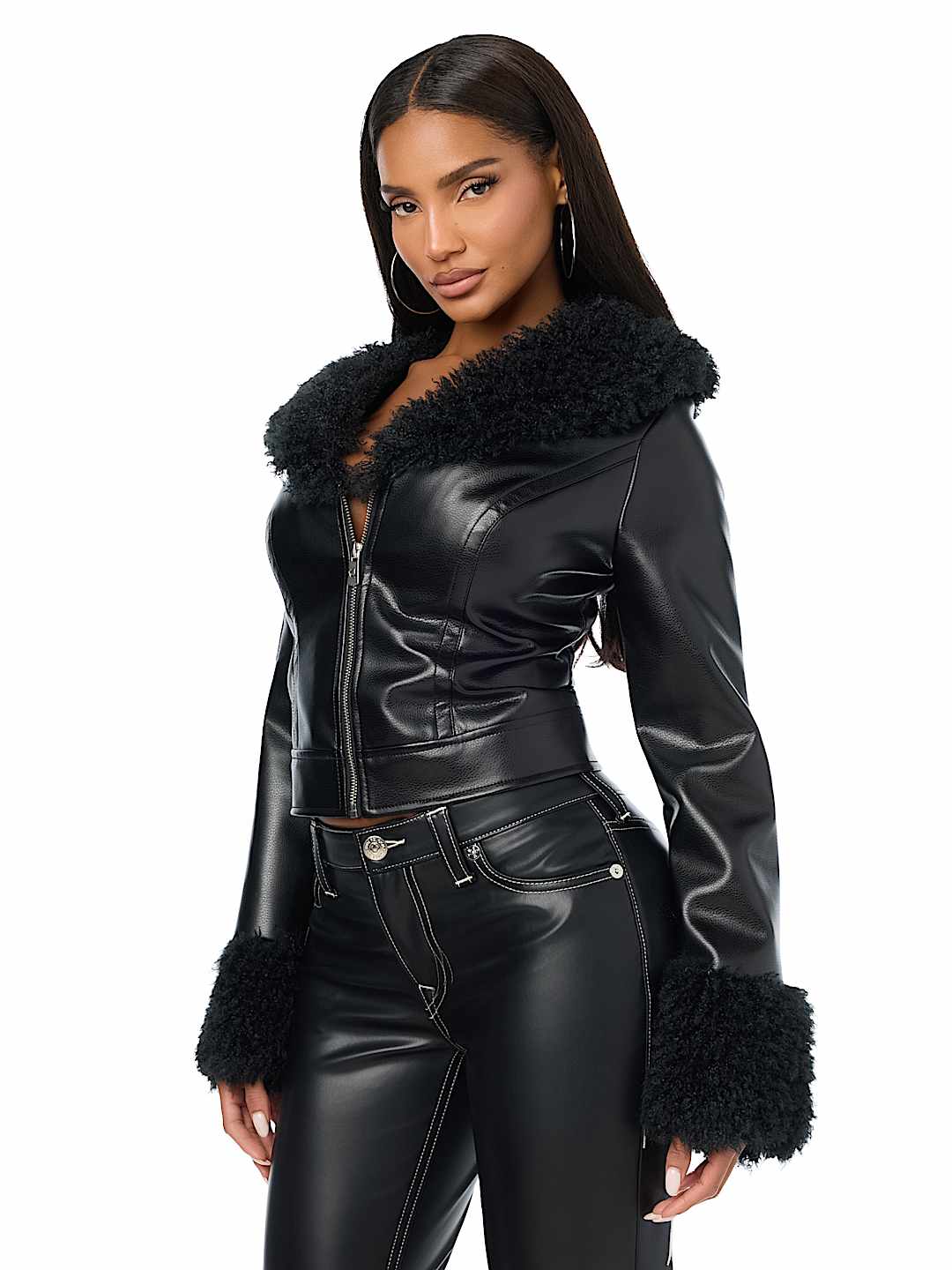 EMBROIDERED FUR COLLAR FAUX LEATHER JACKET