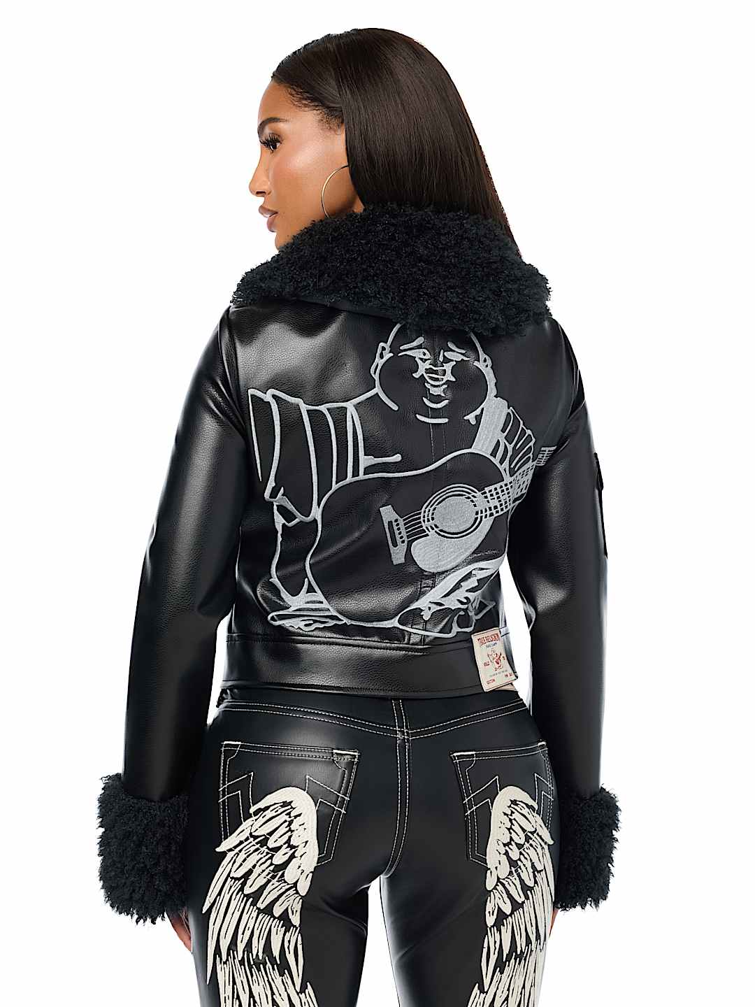 EMBROIDERED FUR COLLAR FAUX LEATHER JACKET