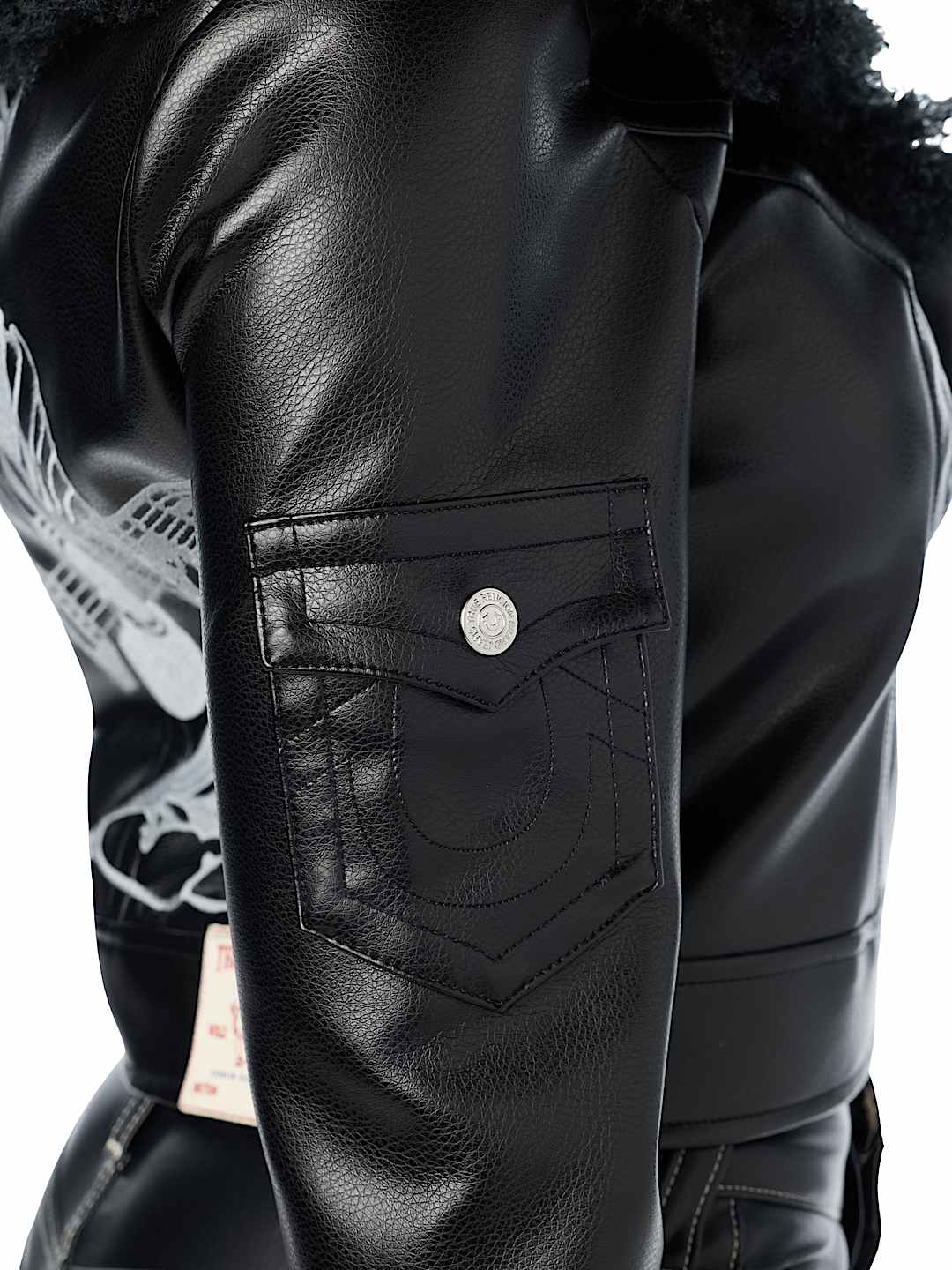 EMBROIDERED FUR COLLAR FAUX LEATHER JACKET
