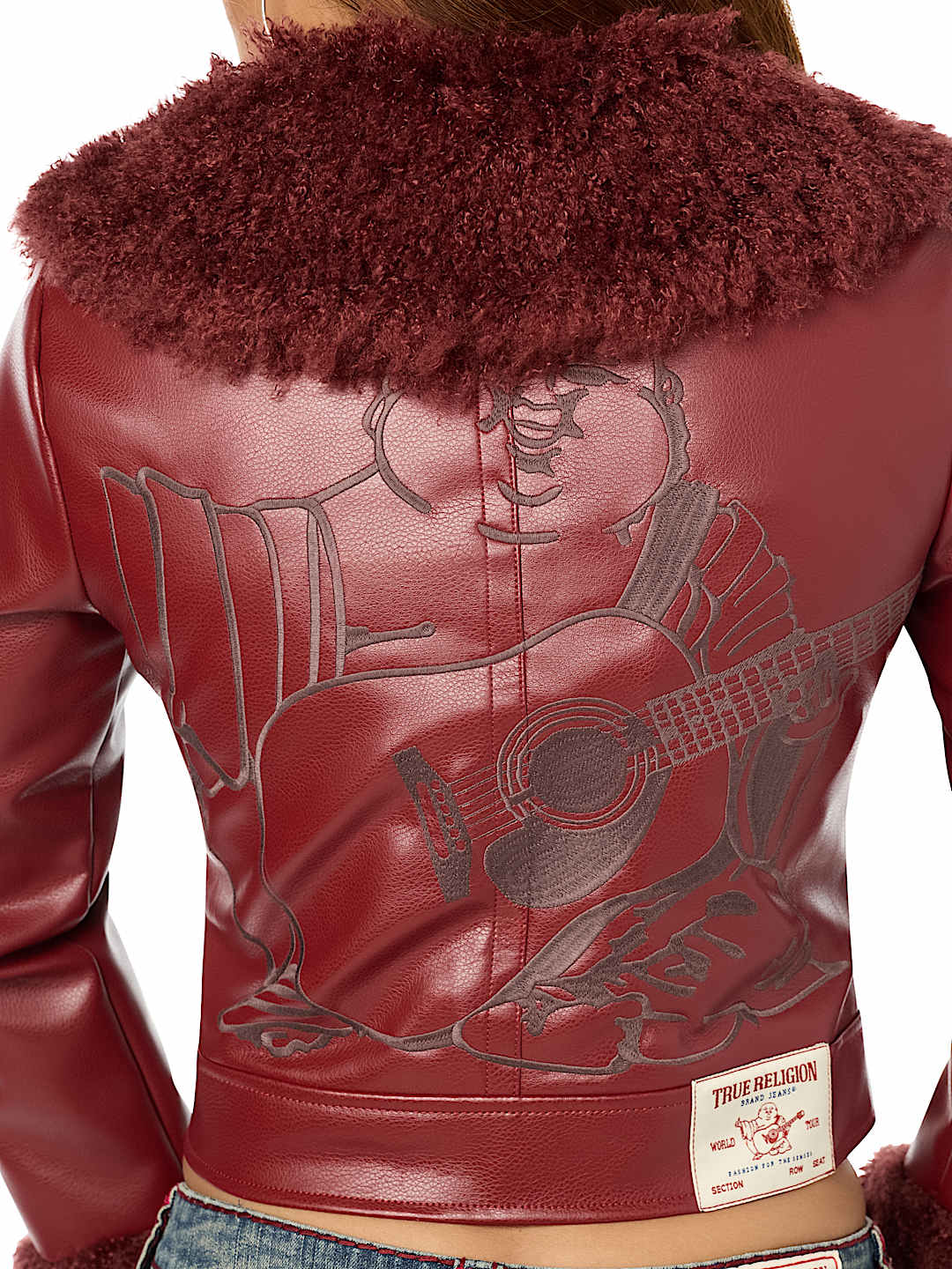 EMBROIDERED FUR COLLAR FAUX LEATHER JACKET
