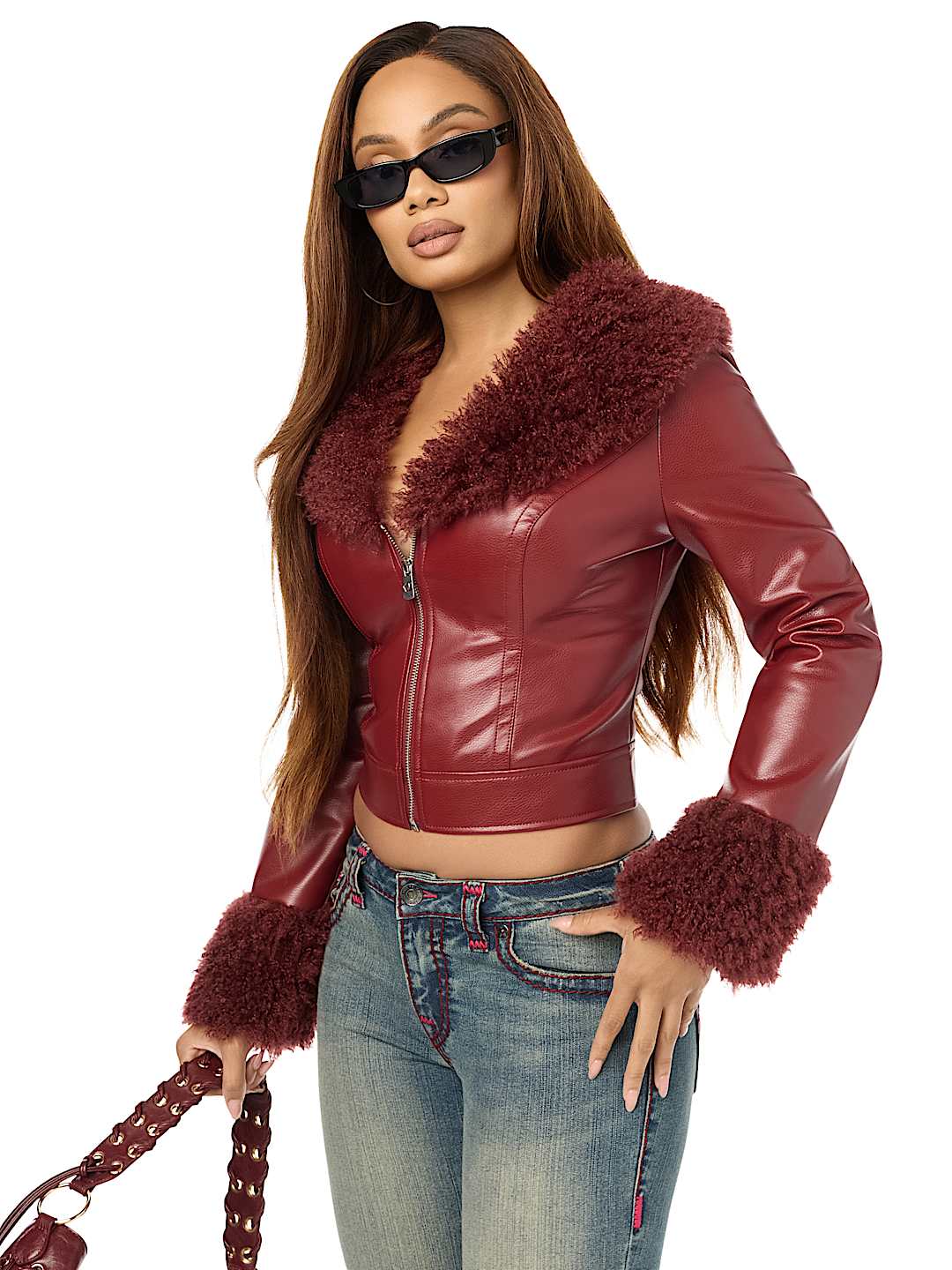 EMBROIDERED FUR COLLAR FAUX LEATHER JACKET
