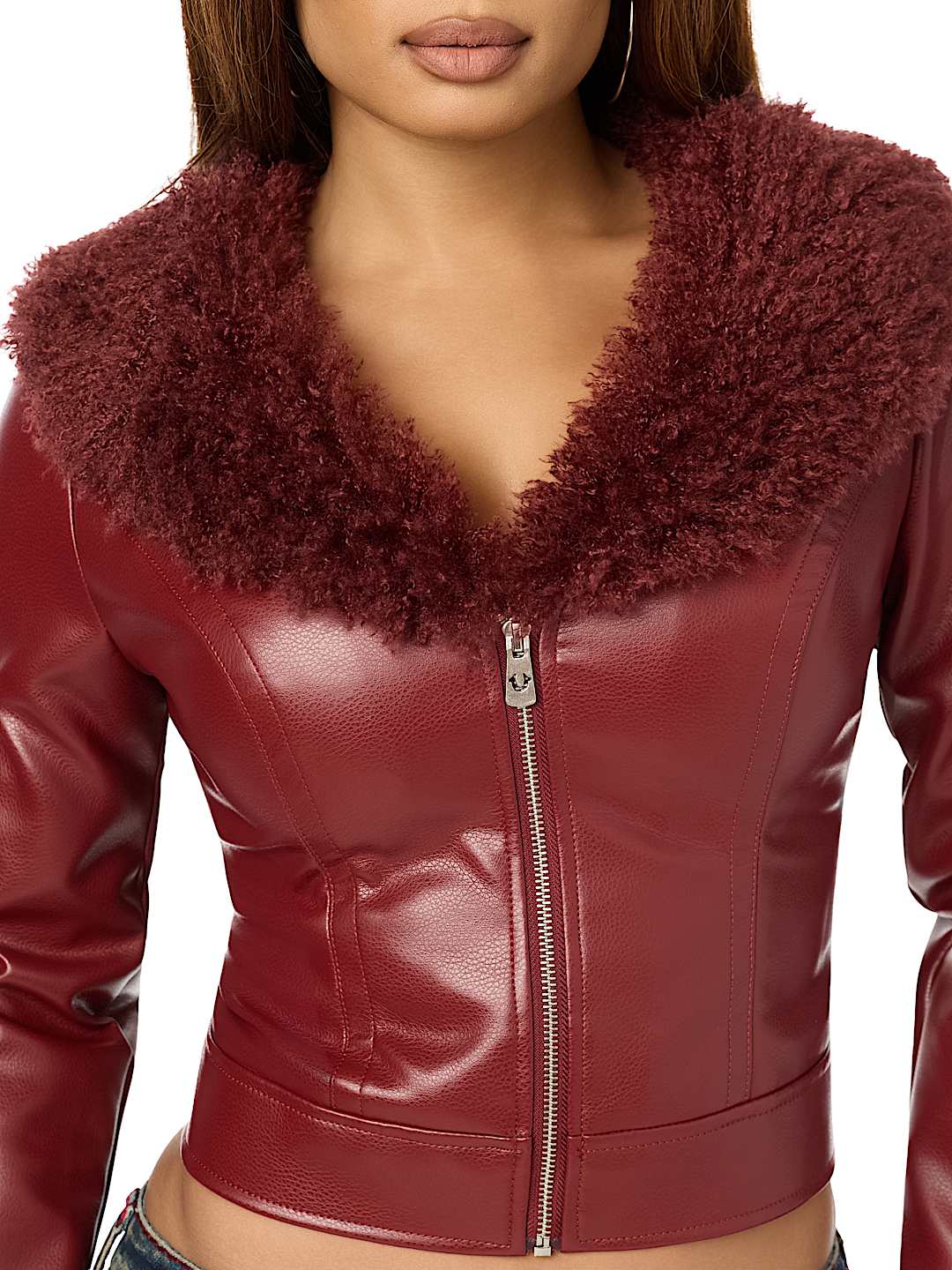 EMBROIDERED FUR COLLAR FAUX LEATHER JACKET