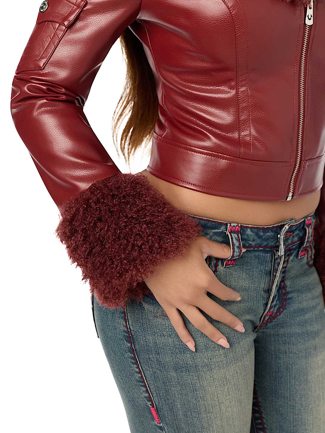 EMBROIDERED FUR COLLAR FAUX LEATHER JACKET