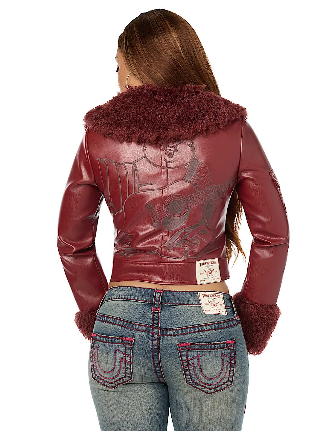EMBROIDERED FUR COLLAR FAUX LEATHER JACKET