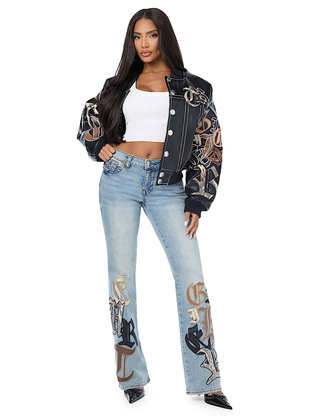 BECCA MID RISE APPLIQU&Eacute; FLAP BOOTCUT JEAN