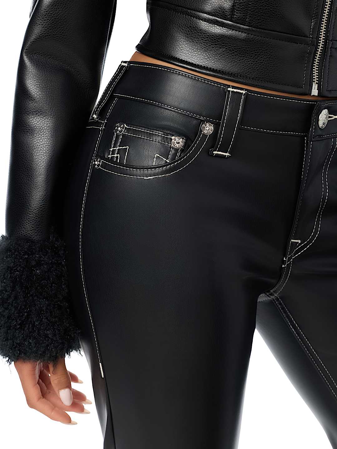 BECCA MID RISE EMBROIDERED WING FAUX LEATHER BOOTCUT JEAN
