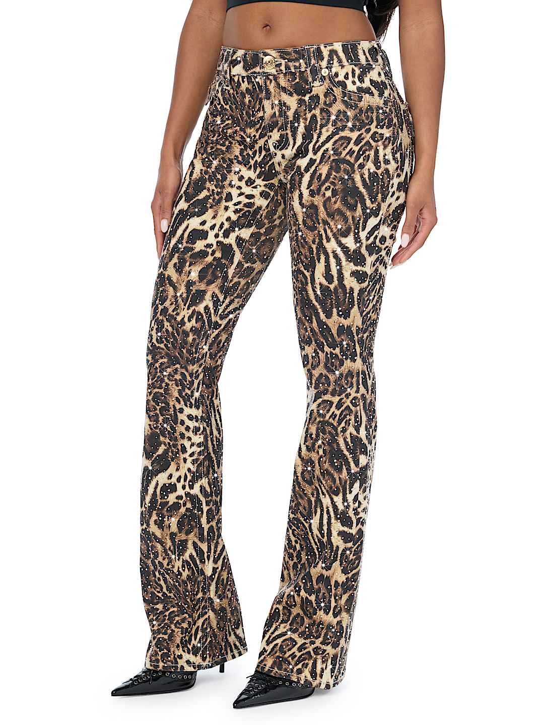 BECCA MID RISE CRYSTAL LEOPARD FLAP BOOTCUT JEAN