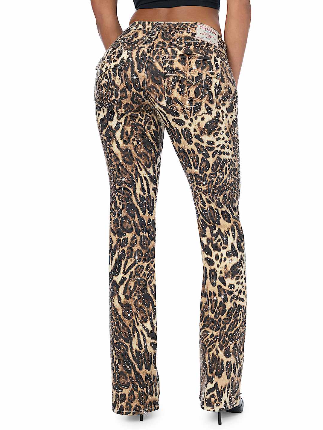 BECCA MID RISE CRYSTAL LEOPARD FLAP BOOTCUT JEAN