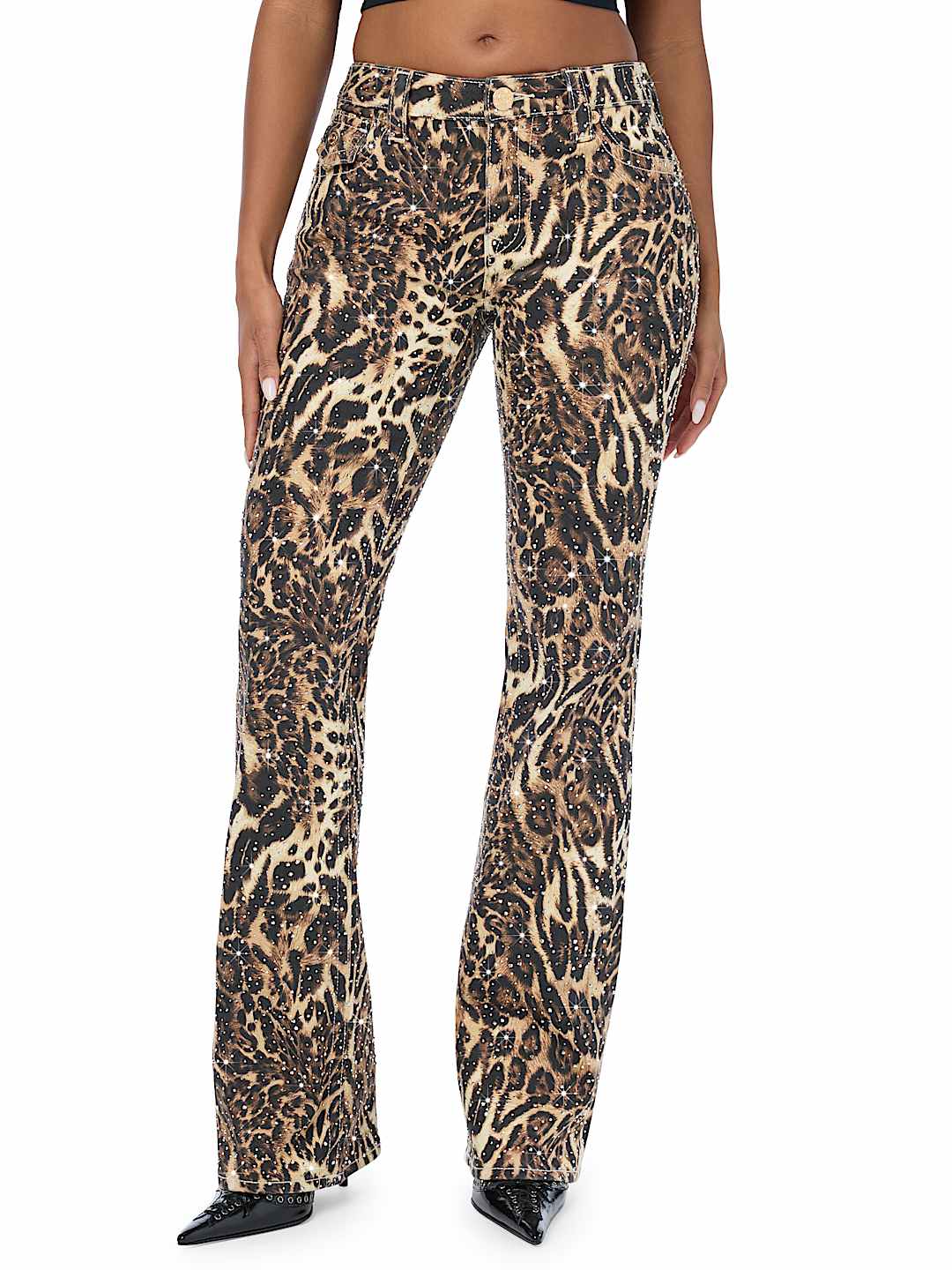 BECCA MID RISE CRYSTAL LEOPARD FLAP BOOTCUT JEAN