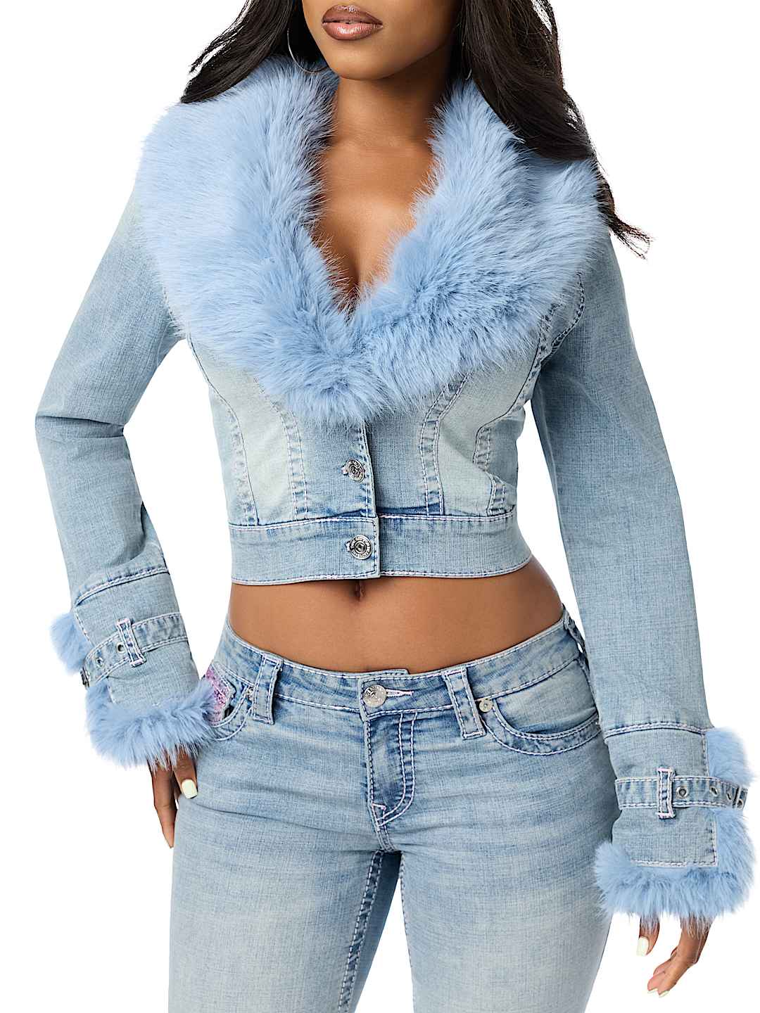 FAUX FUR BIG T DENIM JACKET