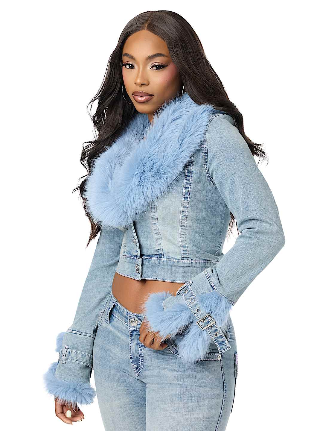 FAUX FUR BIG T DENIM JACKET