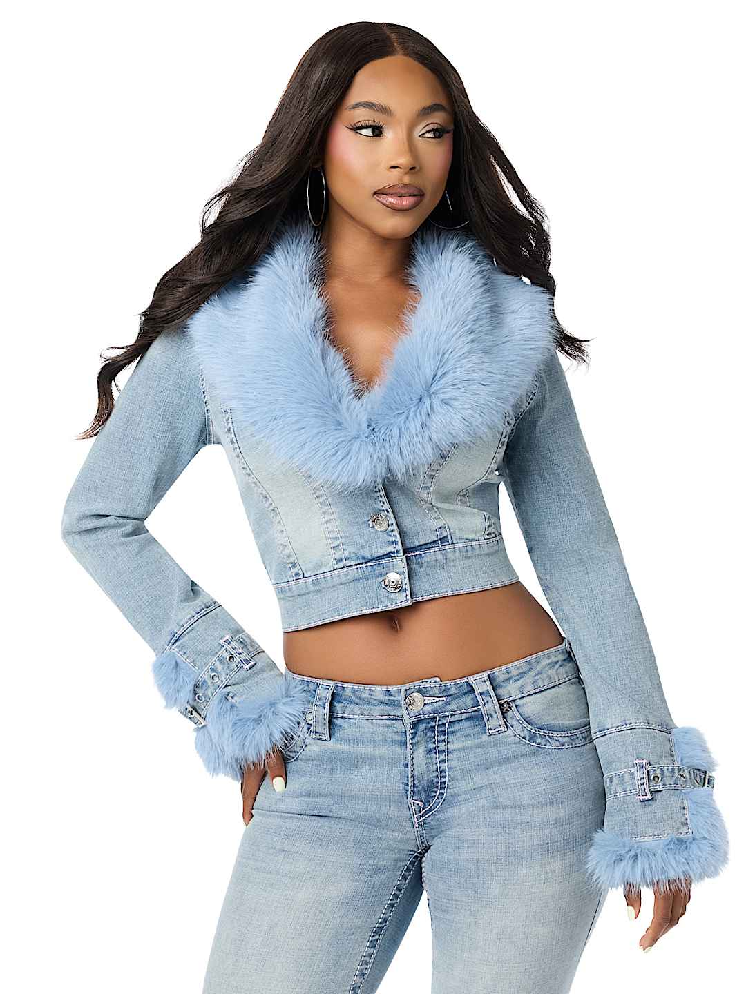 FAUX FUR BIG T DENIM JACKET