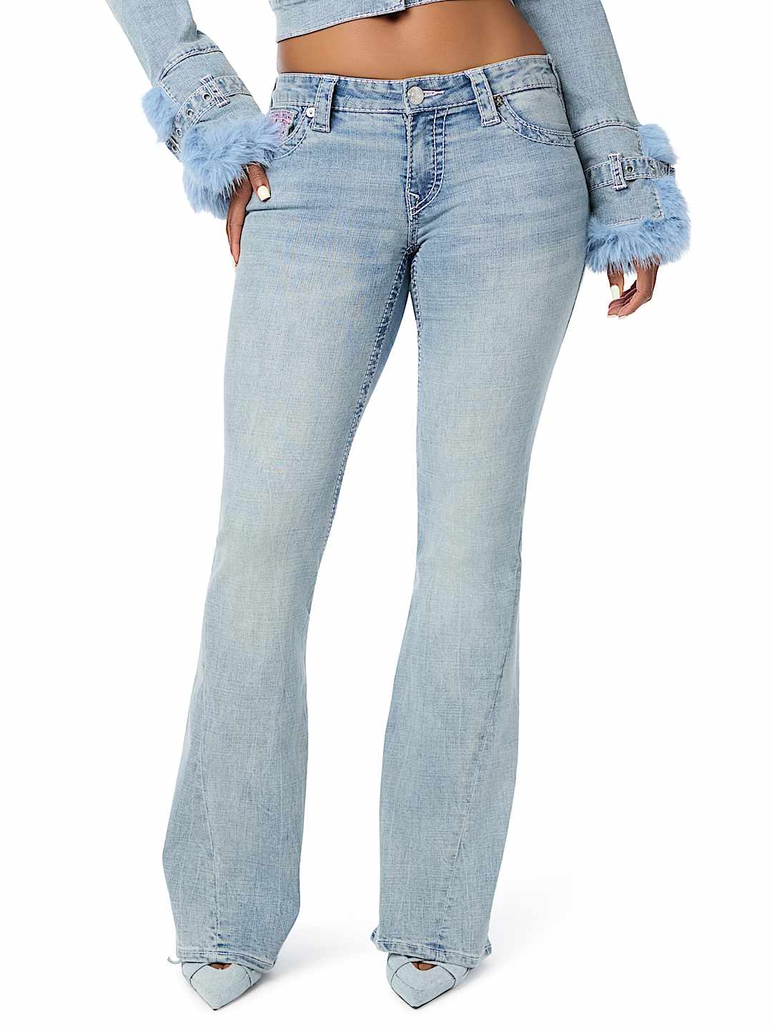 JOEY LOW RISE CRYSTAL BIG T FLAP FLARE JEAN
