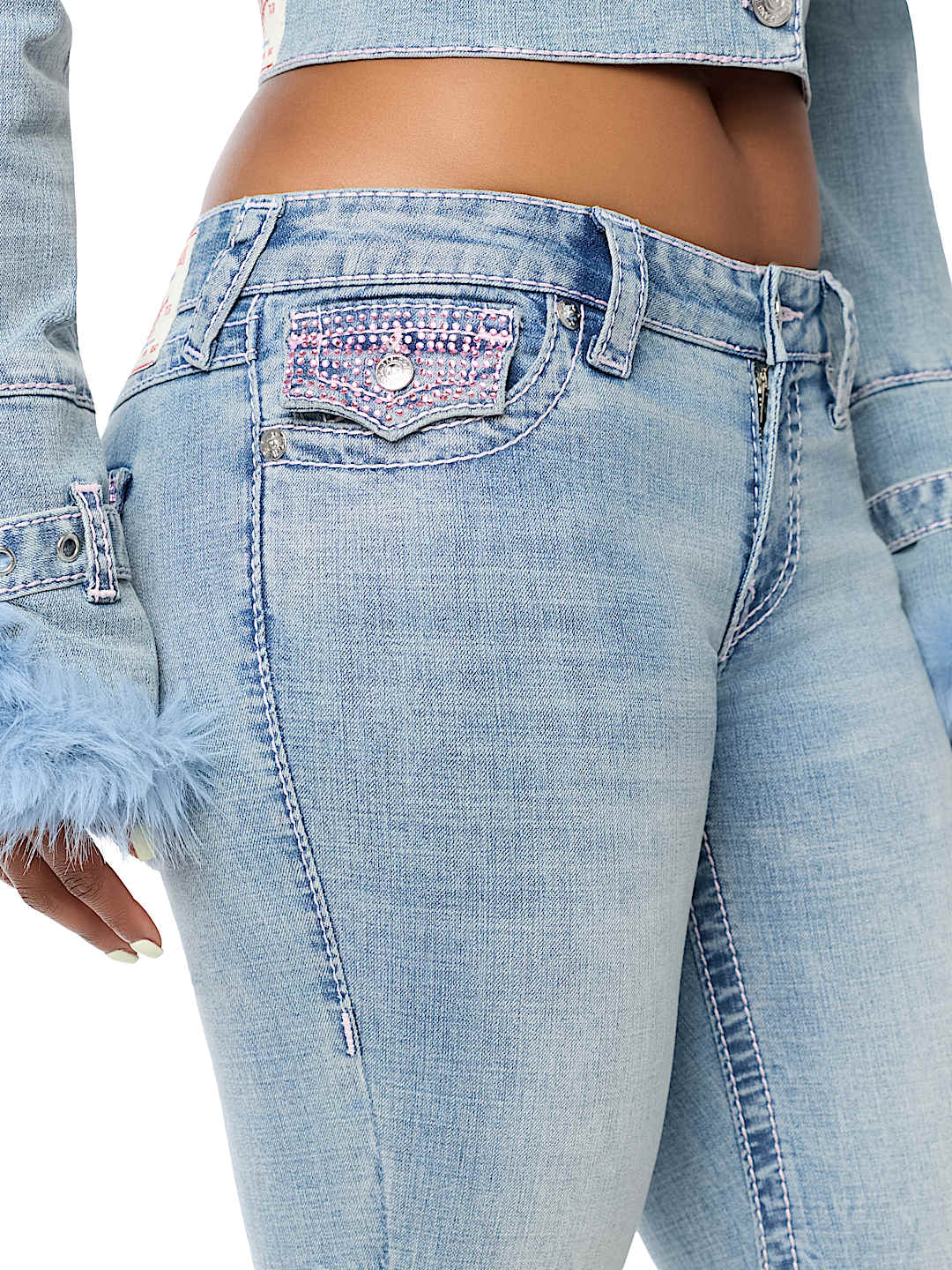 JOEY LOW RISE CRYSTAL BIG T FLAP FLARE JEAN