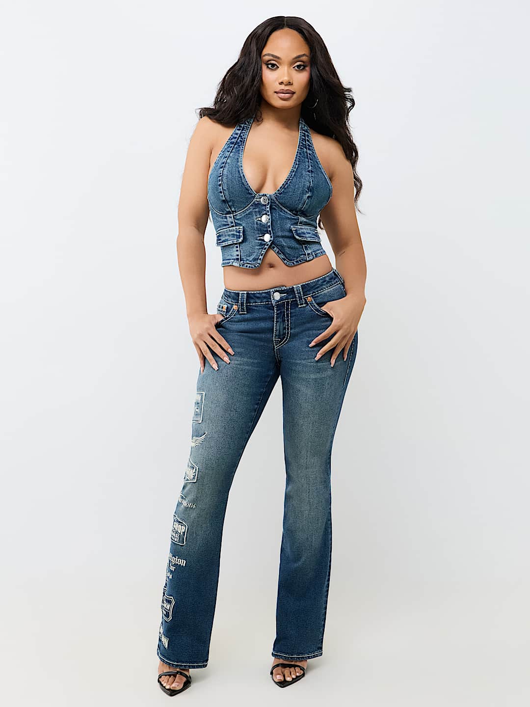 BECCA MID RISE EMBROIDERED LOGO BIG T BOOTCUT JEAN