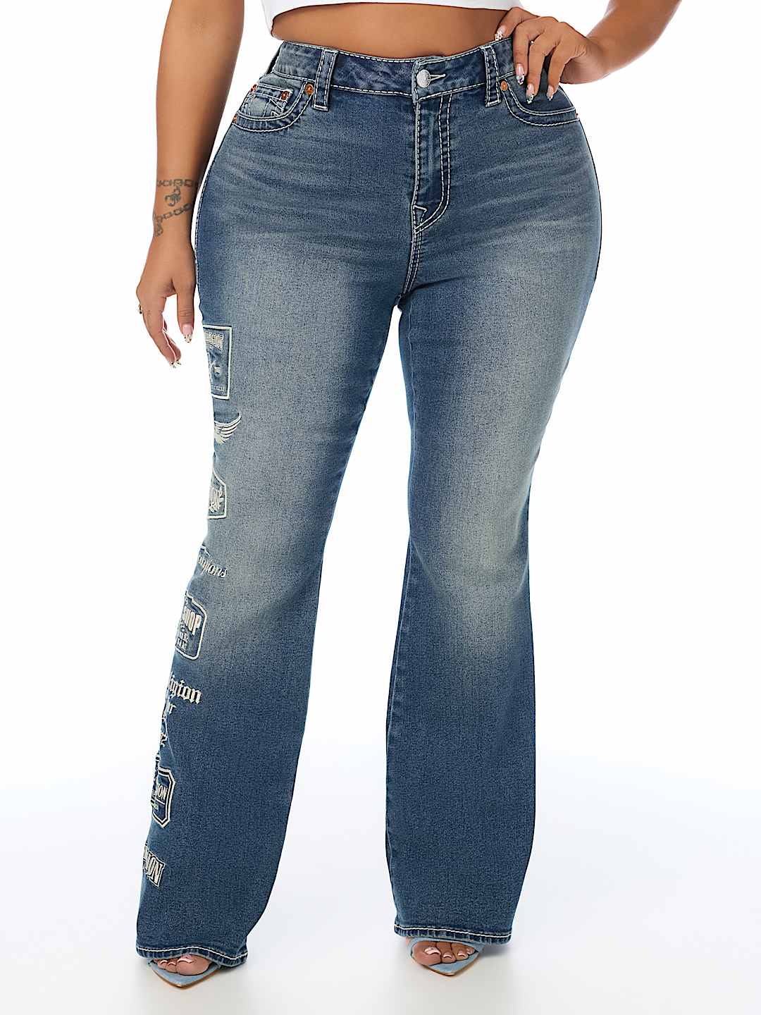 PLUS BECCA MID RISE EMBROIDERED LOGO BIG T BOOTCUT JEAN