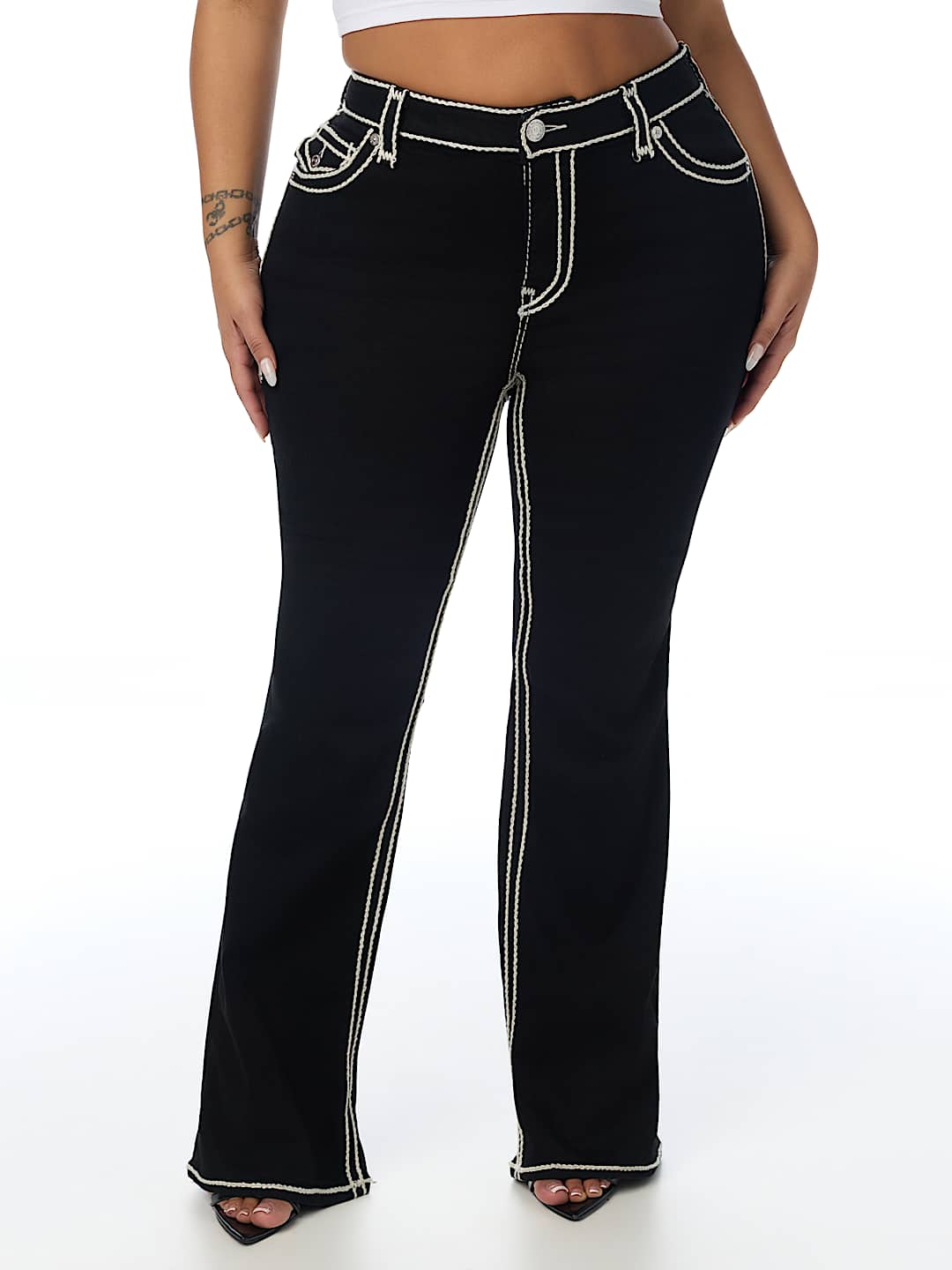 PLUS BECCA MID RISE ROPE STITCH FLAP BOOTCUT JEAN