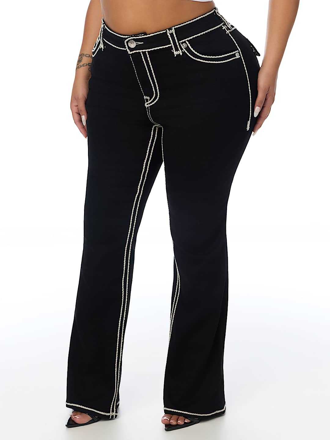 PLUS BECCA MID RISE ROPE STITCH FLAP BOOTCUT JEAN