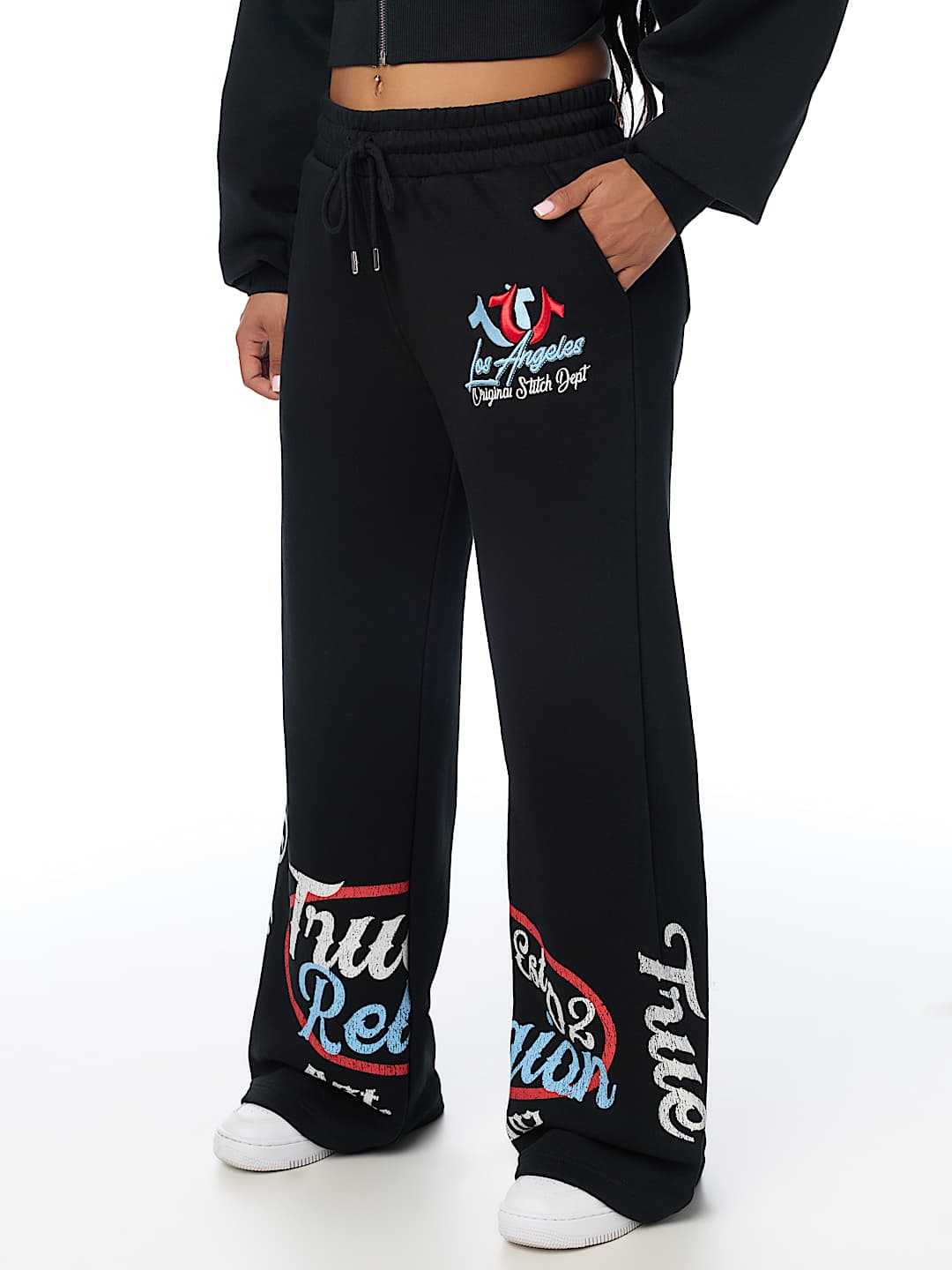 EMBROIDERED MID RISE WIDE LEG SWEATPANT