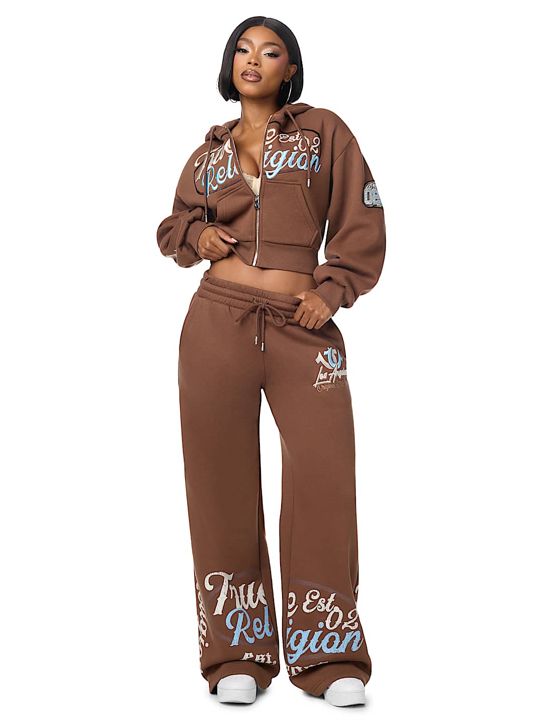 EMBROIDERED MID RISE WIDE LEG SWEATPANT