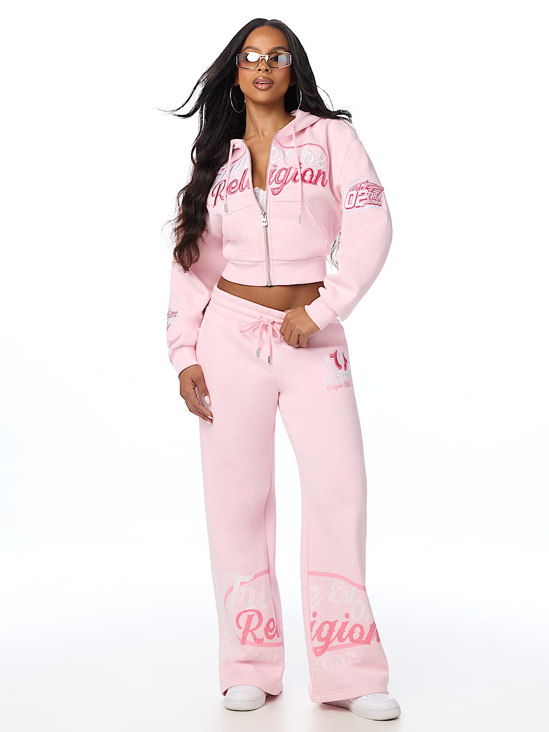 EMBROIDERED MID RISE WIDE LEG SWEATPANT