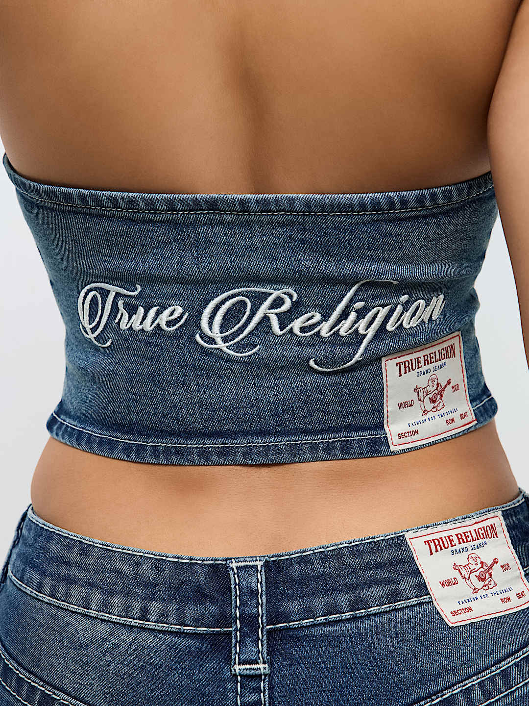 EMBROIDERED DENIM HALTER VEST