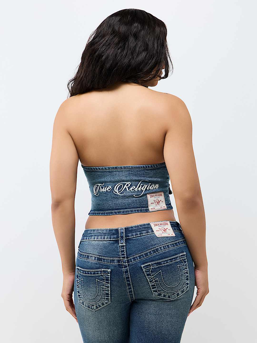 EMBROIDERED DENIM HALTER VEST TOP