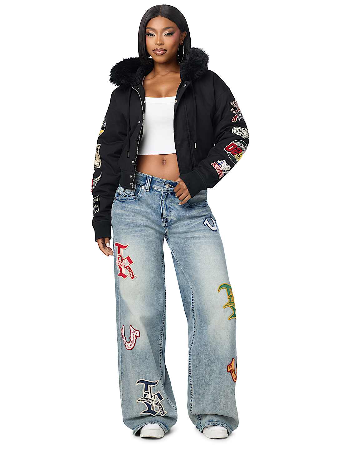 EMBROIDERED SHERPA HOOD FAUX FUR JACKET